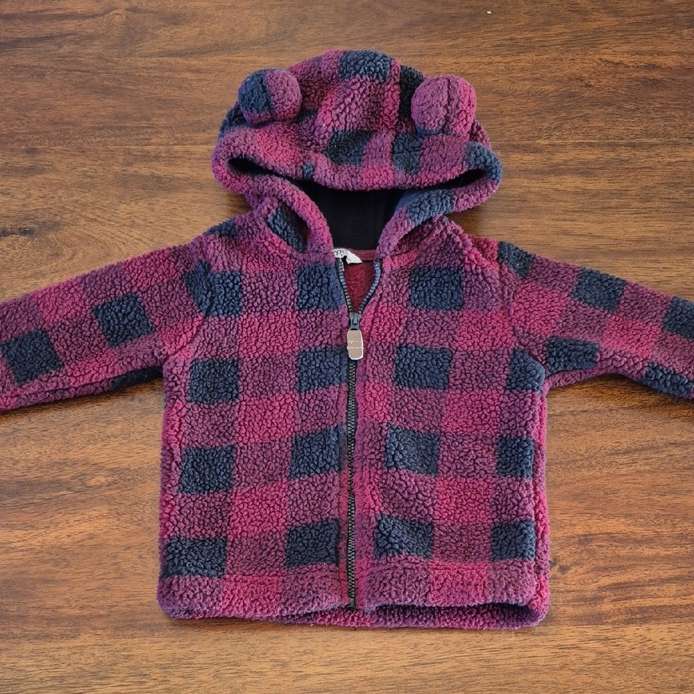 George Boys Burgendy Plaid Sherpa Teddy Bear Ear Coat 6-12M